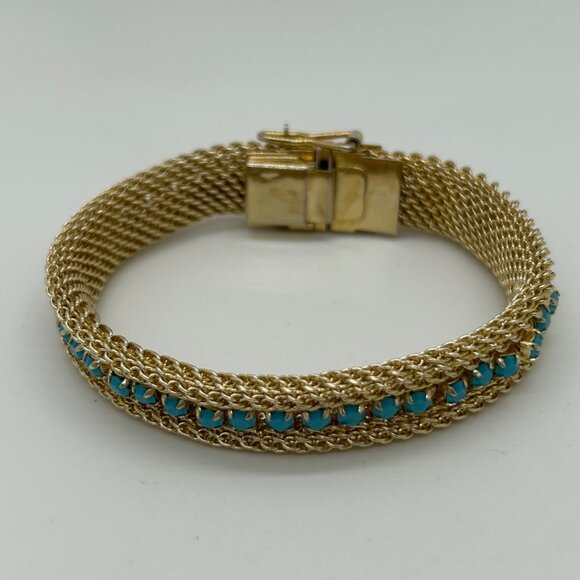 Vintage Gold-Tone Mesh Bracelet Faux Turquoise Stones Secure Clasp 1970s - Picture 6 of 16